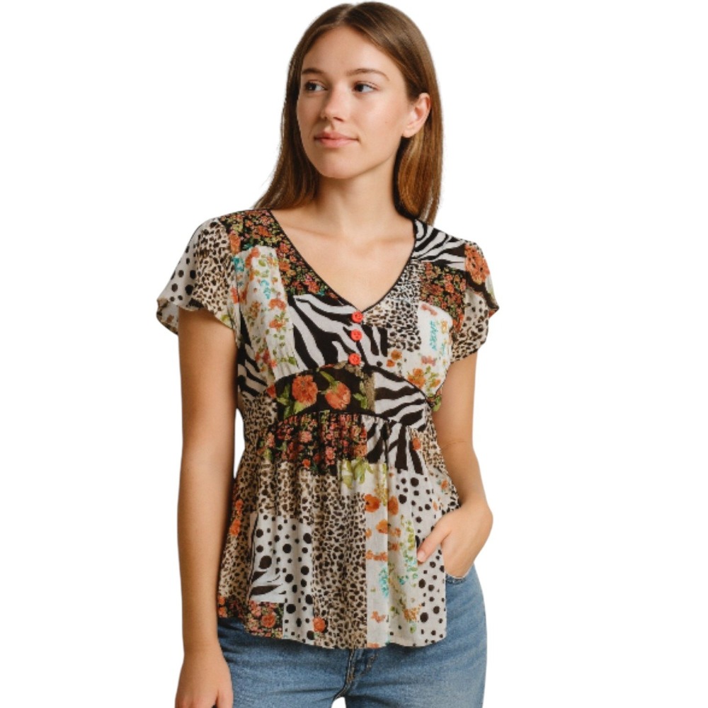 Antilia Femme Women's Sheer Shirt Y2K Babydoll Patchwork Animal Blouse XL